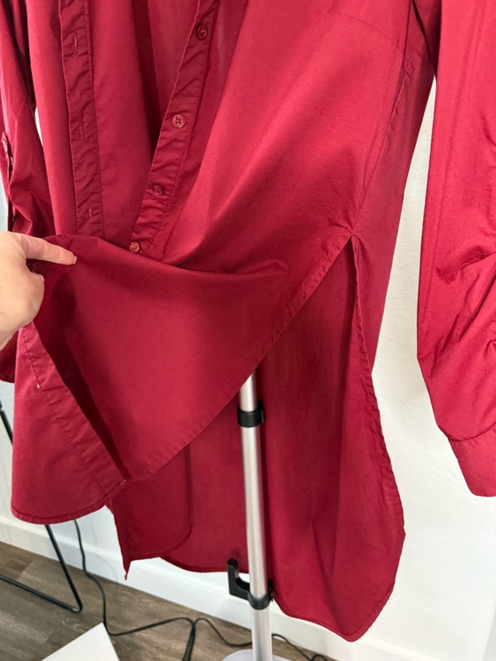 NY Collection Women Cotton Petite Burgundy Longline Button Up Tunic Shirt - Picture 12 of 12